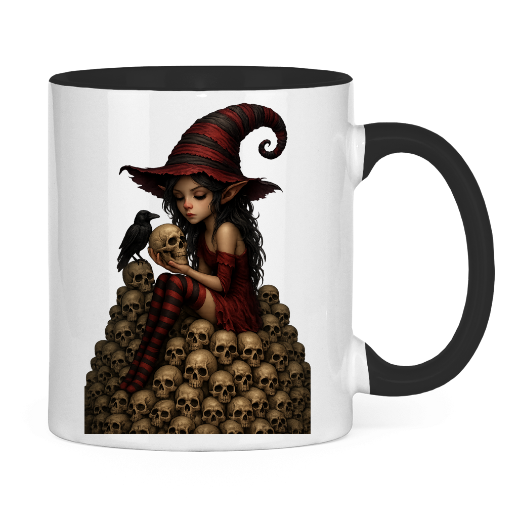 Tasse zweifarbig Elfe auf Schädelberg