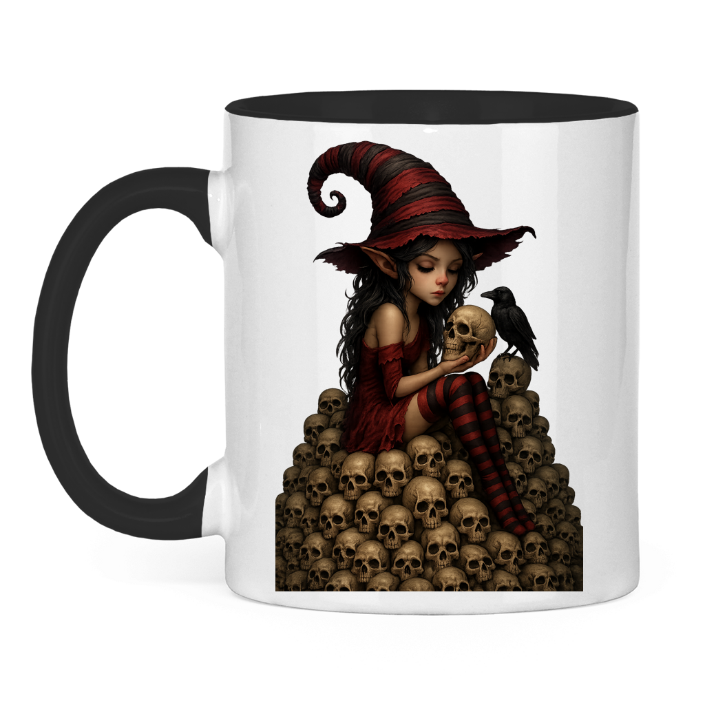 Tasse zweifarbig Elfe auf Schädelberg