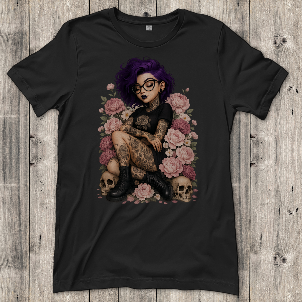 Damen T-Shirt Tattoofrau auf Blumen