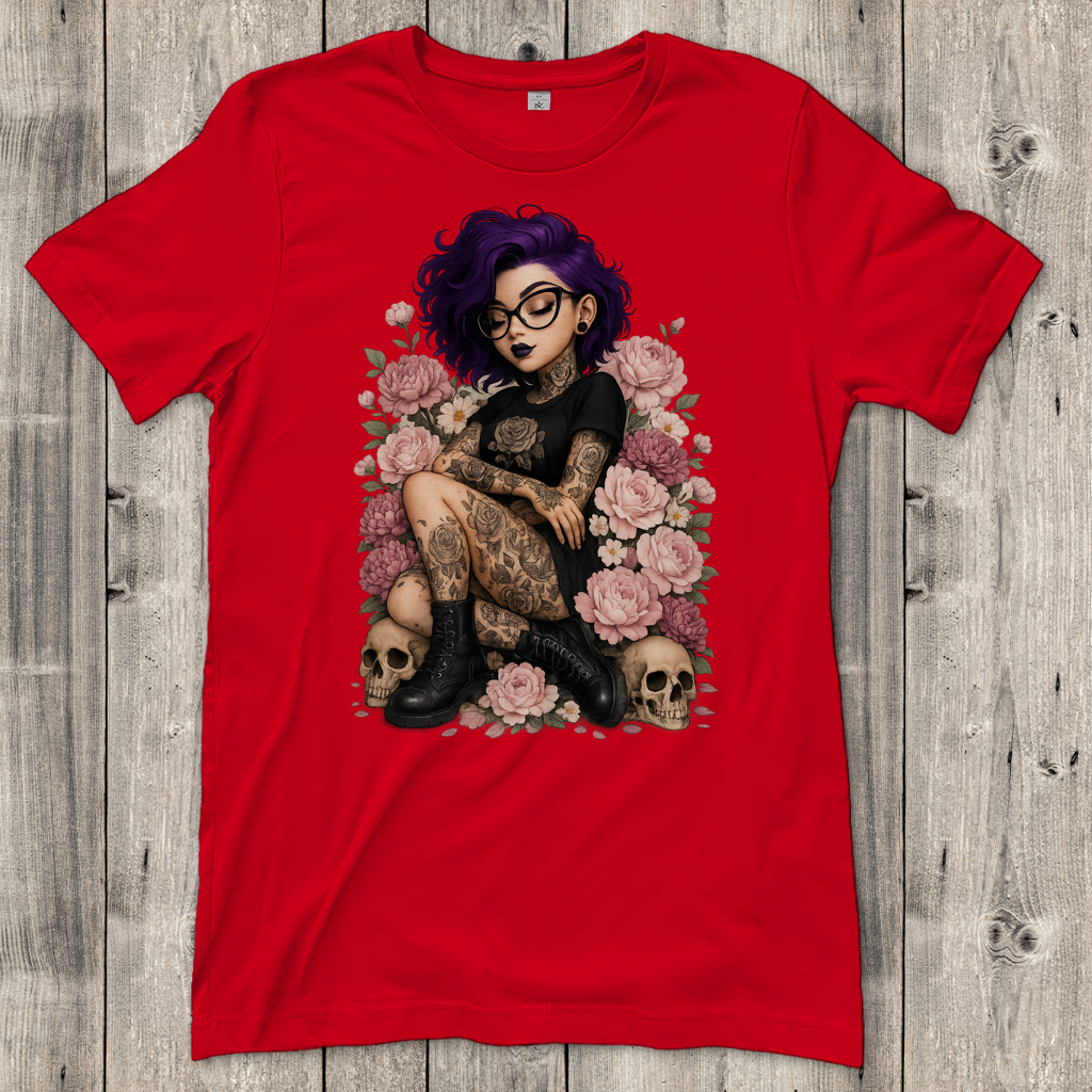 Damen T-Shirt Tattoofrau auf Blumen