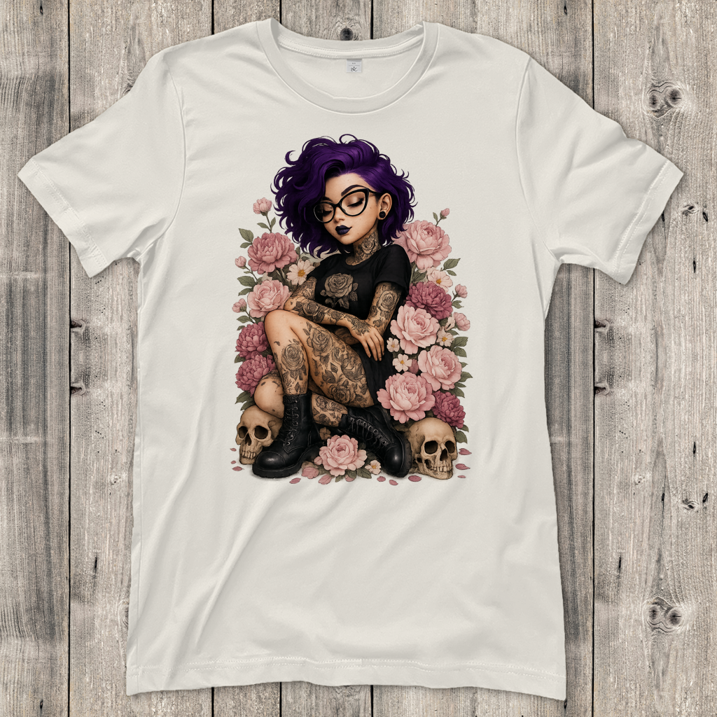 Damen T-Shirt Tattoofrau auf Blumen