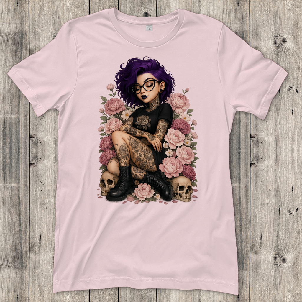 Damen T-Shirt Tattoofrau auf Blumen
