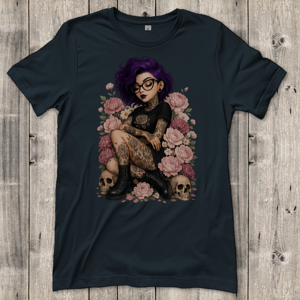 Damen T-Shirt Tattoofrau auf Blumen