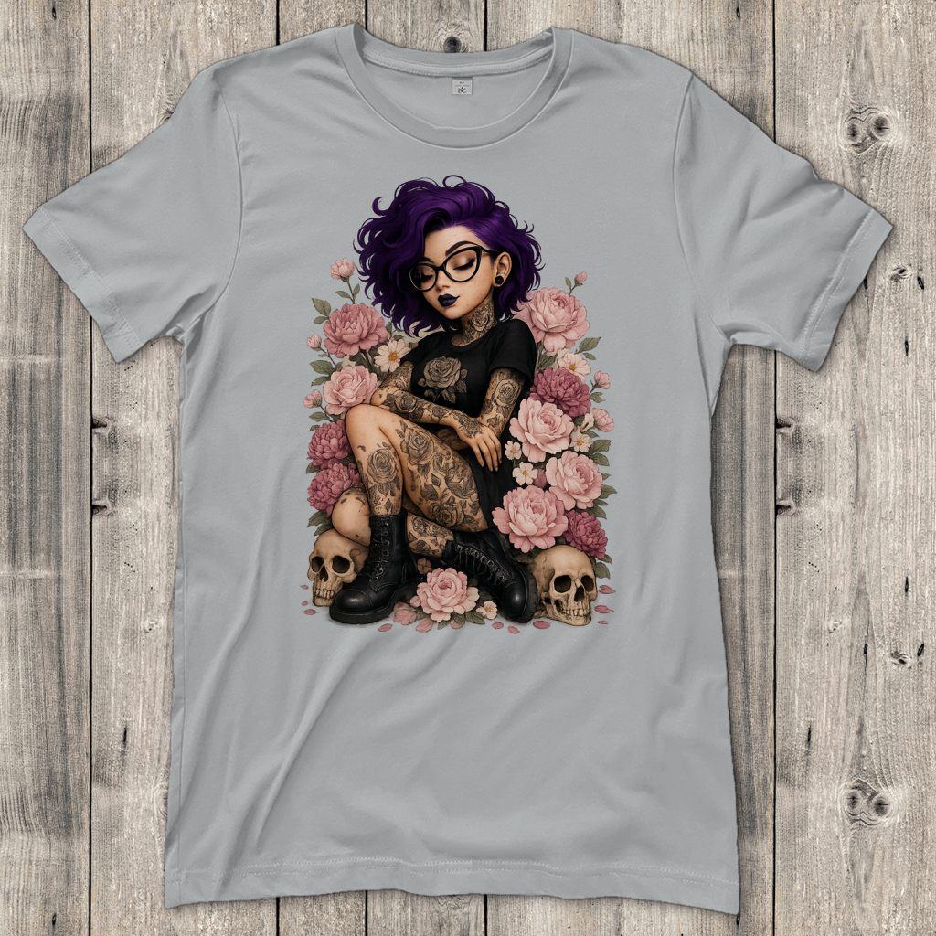 Damen T-Shirt Tattoofrau auf Blumen
