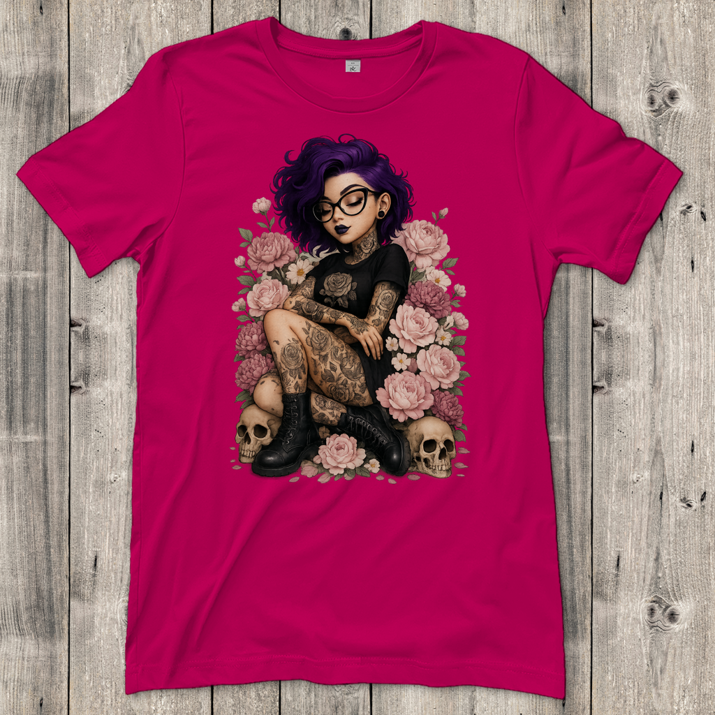 Damen T-Shirt Tattoofrau auf Blumen