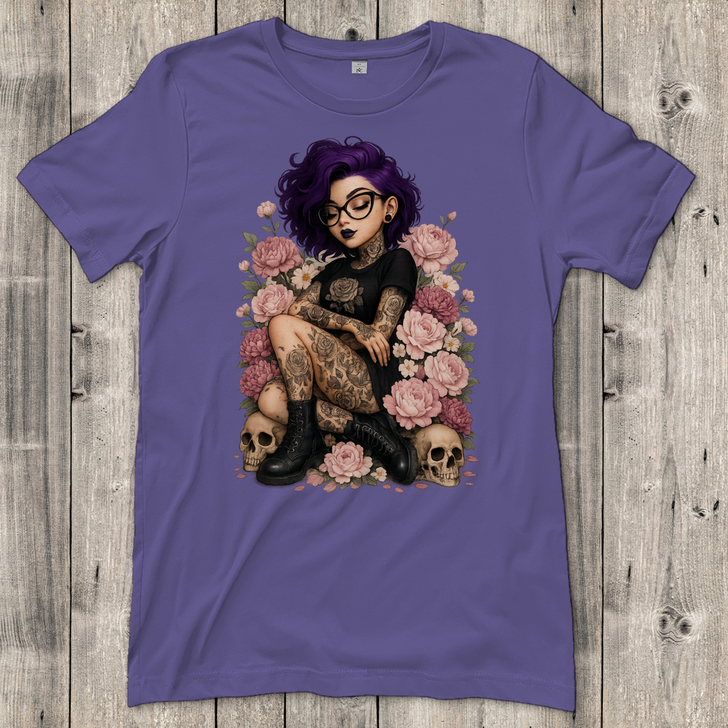 Damen T-Shirt Tattoofrau auf Blumen