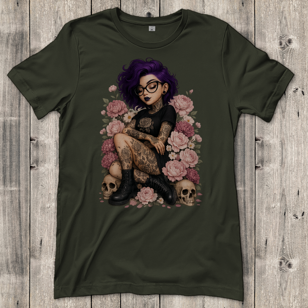 Damen T-Shirt Tattoofrau auf Blumen
