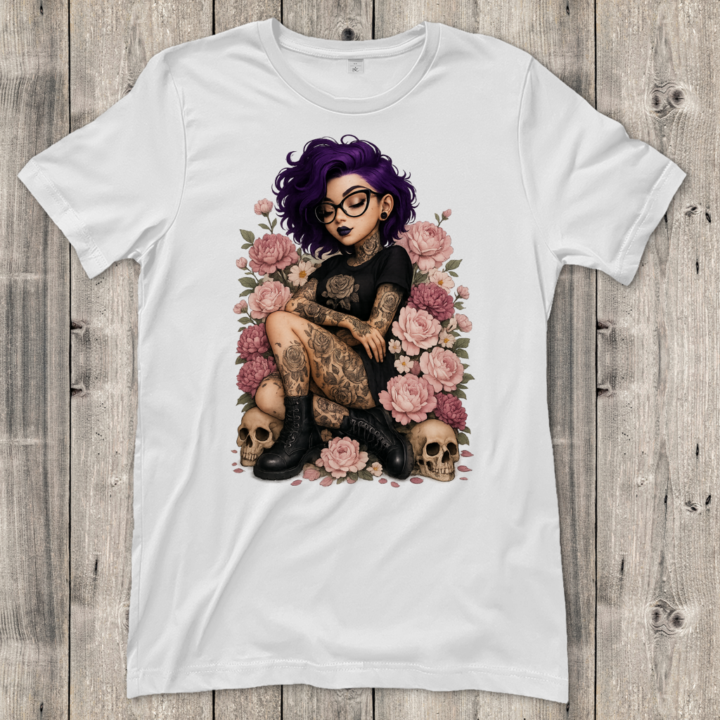 Damen T-Shirt Tattoofrau auf Blumen