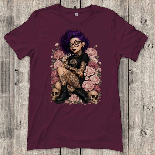 Damen T-Shirt Tattoofrau auf Blumen