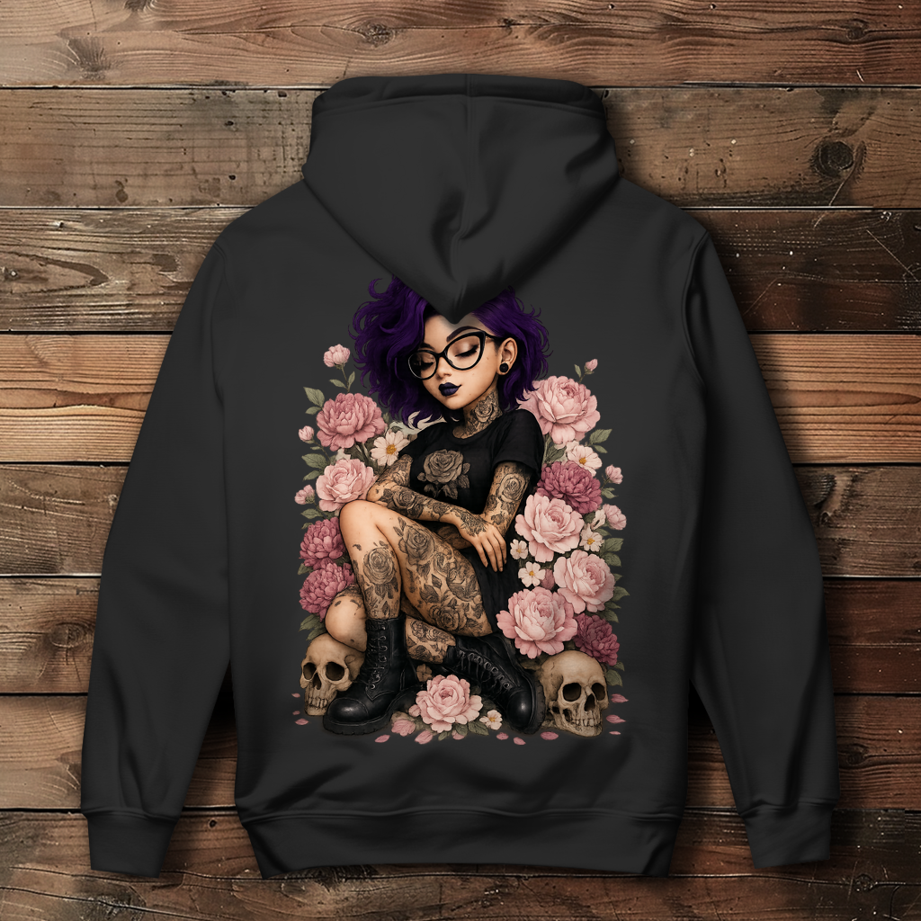 Damen Hoodie Tattoofrau auf Blumen