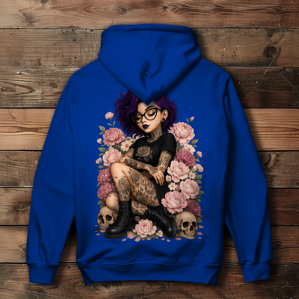 Damen Hoodie Tattoofrau auf Blumen
