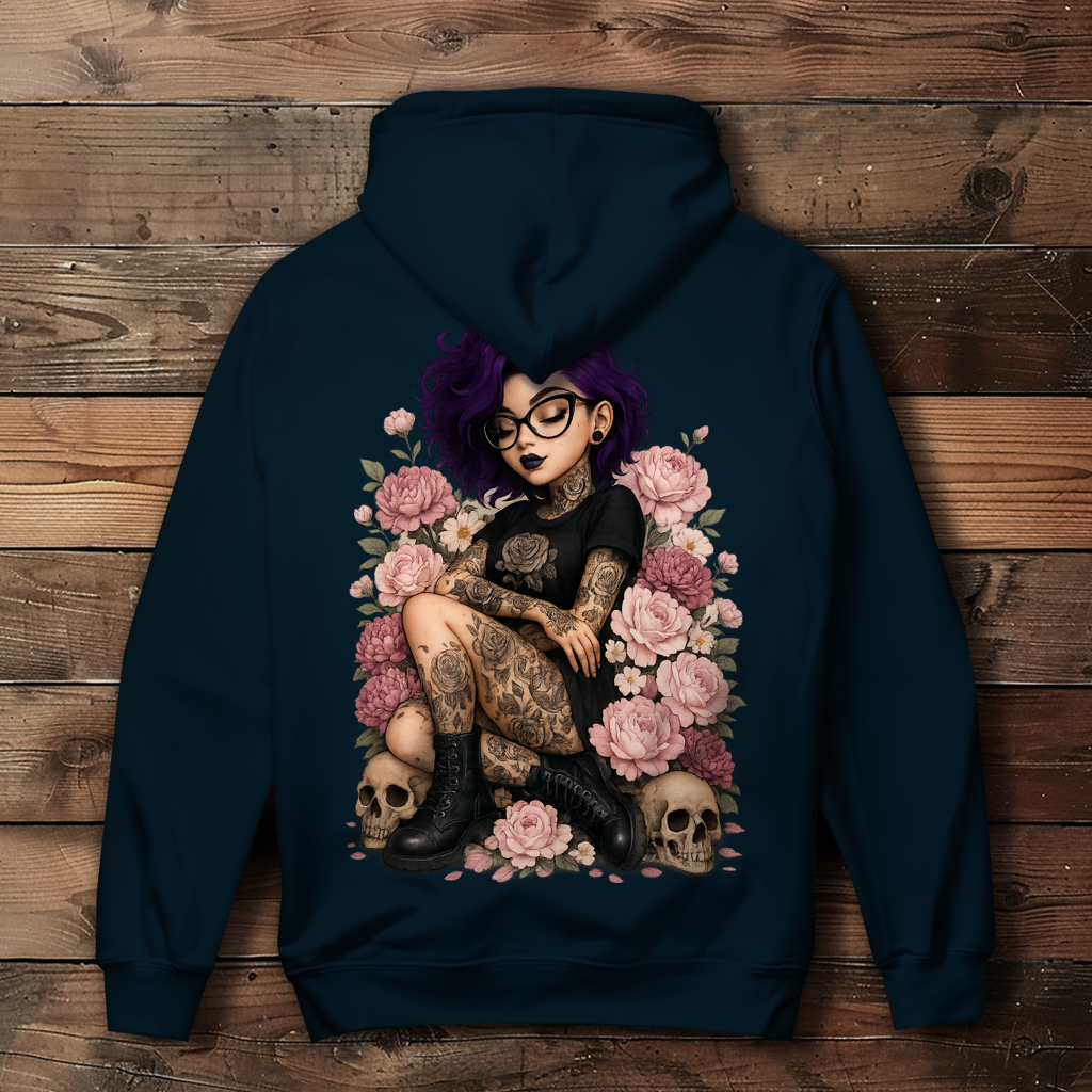 Damen Hoodie Tattoofrau auf Blumen