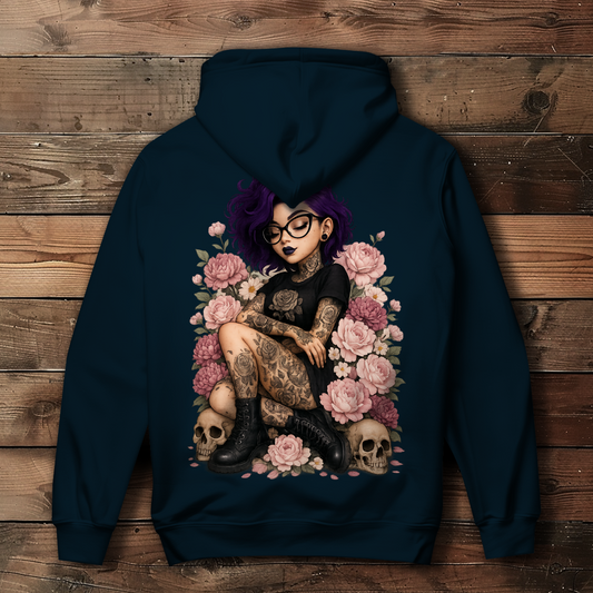 Damen Hoodie Tattoofrau auf Blumen