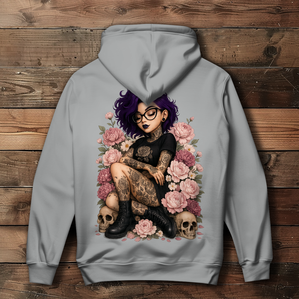 Damen Hoodie Tattoofrau auf Blumen
