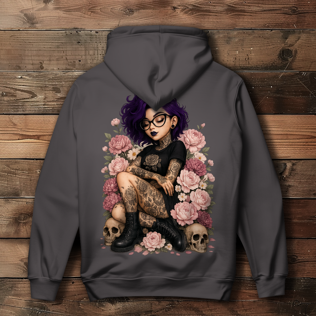 Damen Hoodie Tattoofrau auf Blumen