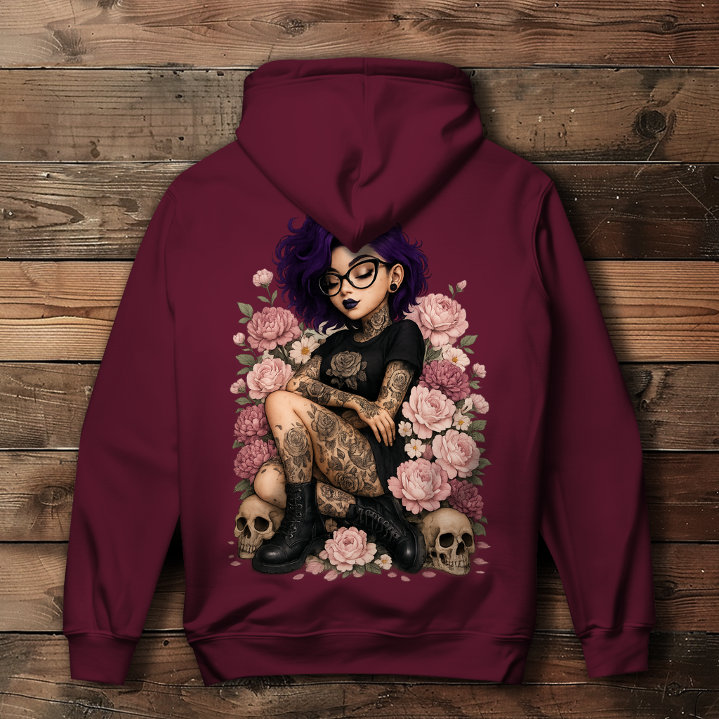 Damen Hoodie Tattoofrau auf Blumen