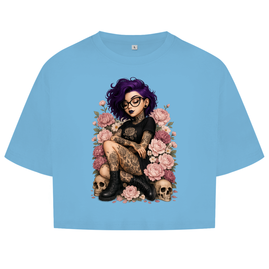 Damen Oversize Crop Top Tattoofrau auf Blumen