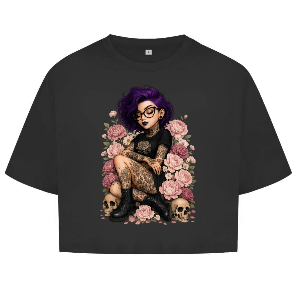 Damen Oversize Crop Top Tattoofrau auf Blumen