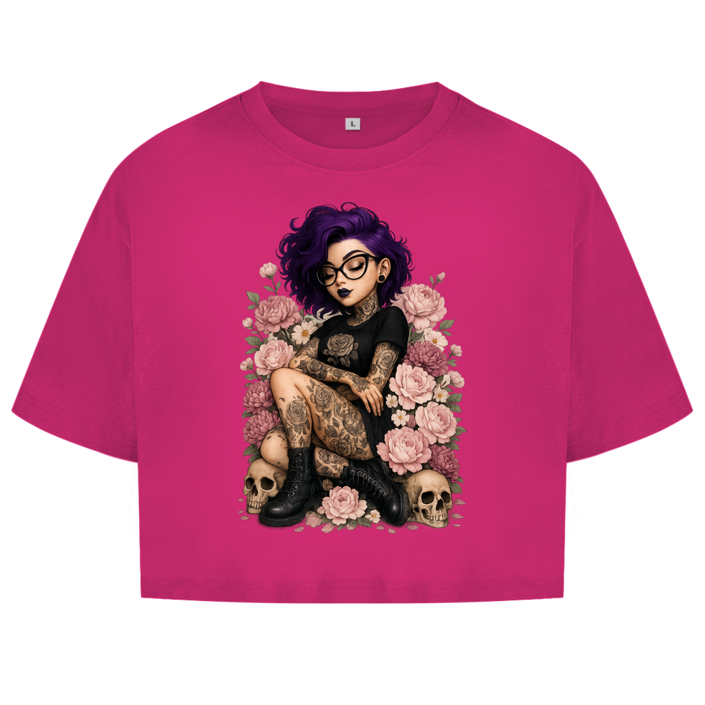 Damen Oversize Crop Top Tattoofrau auf Blumen