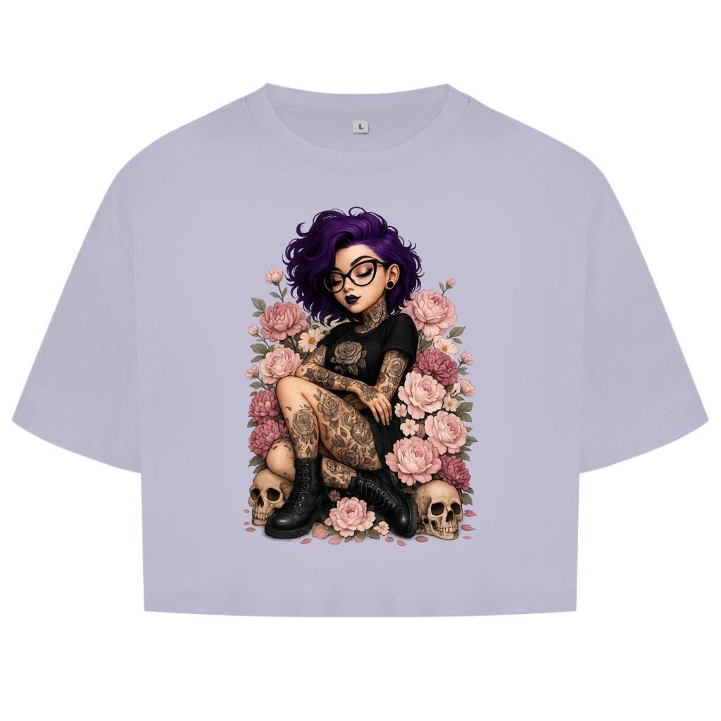 Damen Oversize Crop Top Tattoofrau auf Blumen