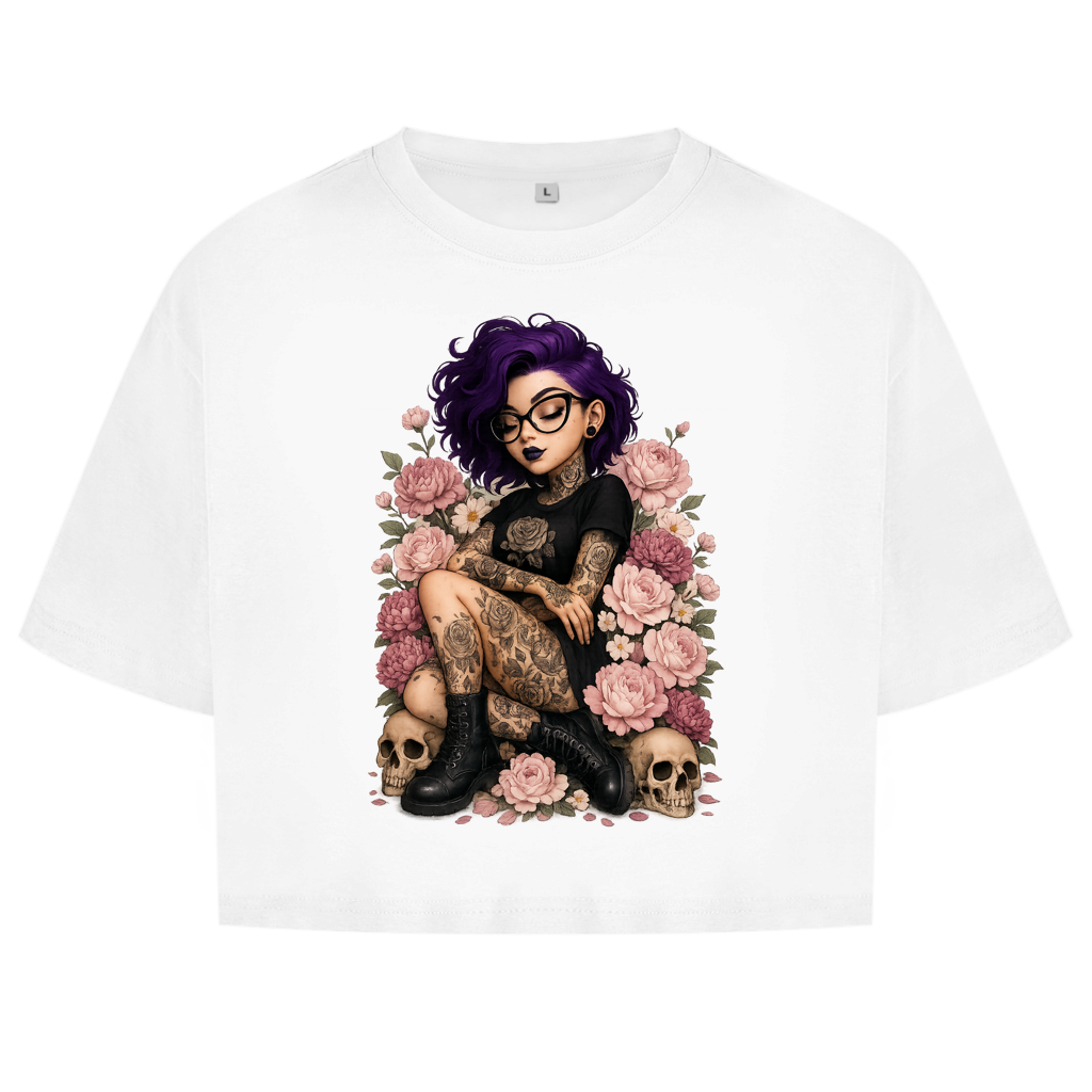 Damen Oversize Crop Top Tattoofrau auf Blumen