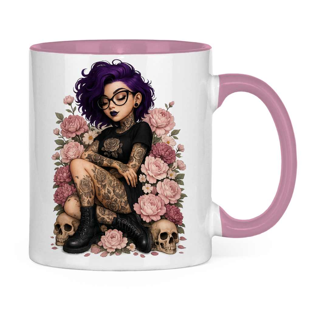 Tasse zweifarbig Tattoofrau auf Blumen