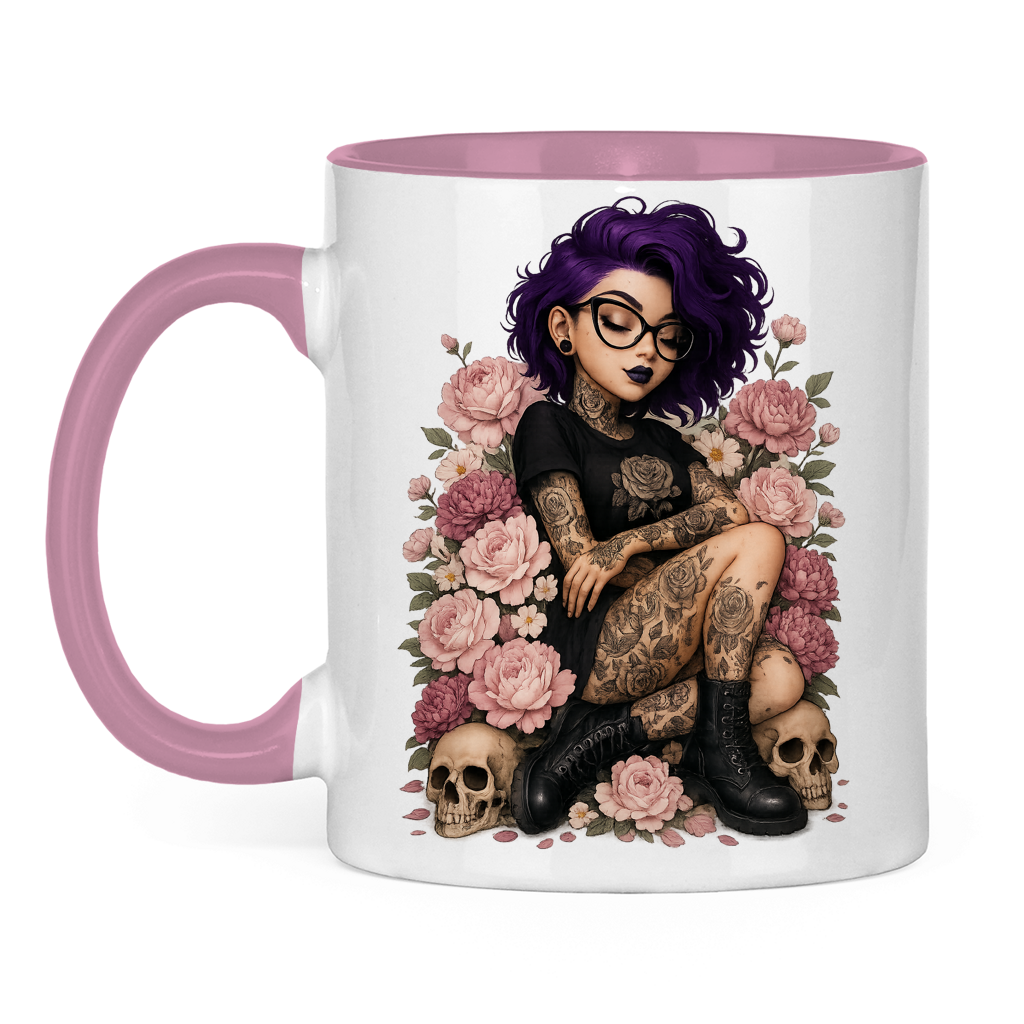 Tasse zweifarbig Tattoofrau auf Blumen