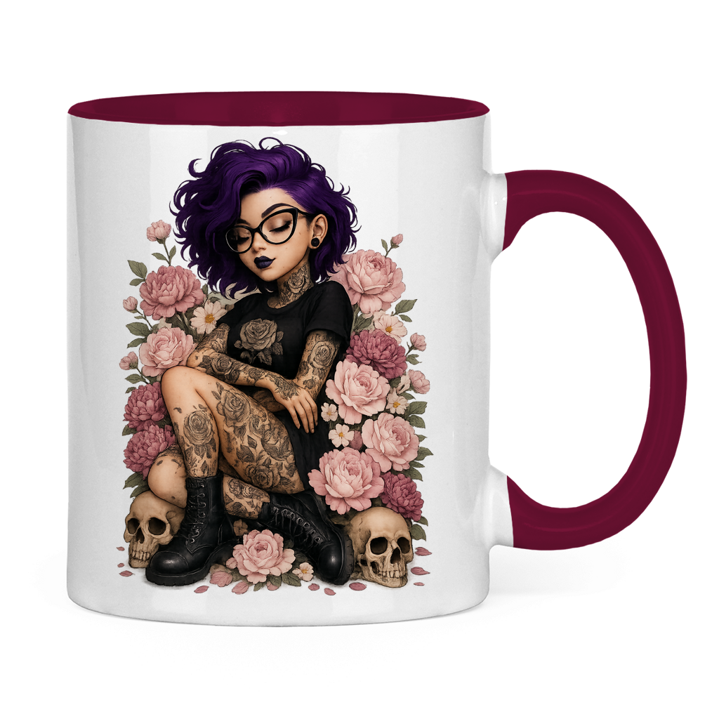 Tasse zweifarbig Tattoofrau auf Blumen