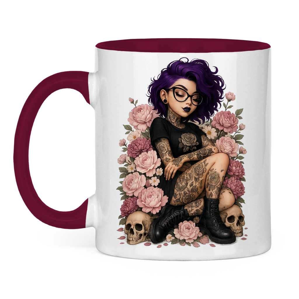 Tasse zweifarbig Tattoofrau auf Blumen