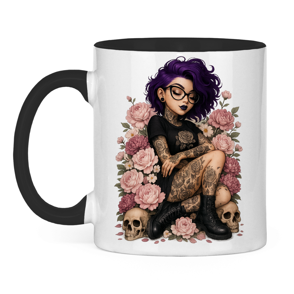 Tasse zweifarbig Tattoofrau auf Blumen