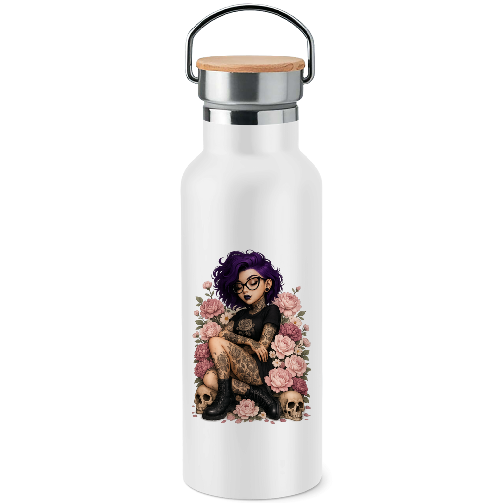 Edelstahl-Trinkflasche mit Bambusdeckel Tattoofrau auf Blumen