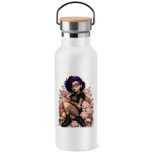Edelstahl-Trinkflasche mit Bambusdeckel Tattoofrau auf Blumen