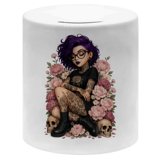 Money box Tattoofrau auf Blumen