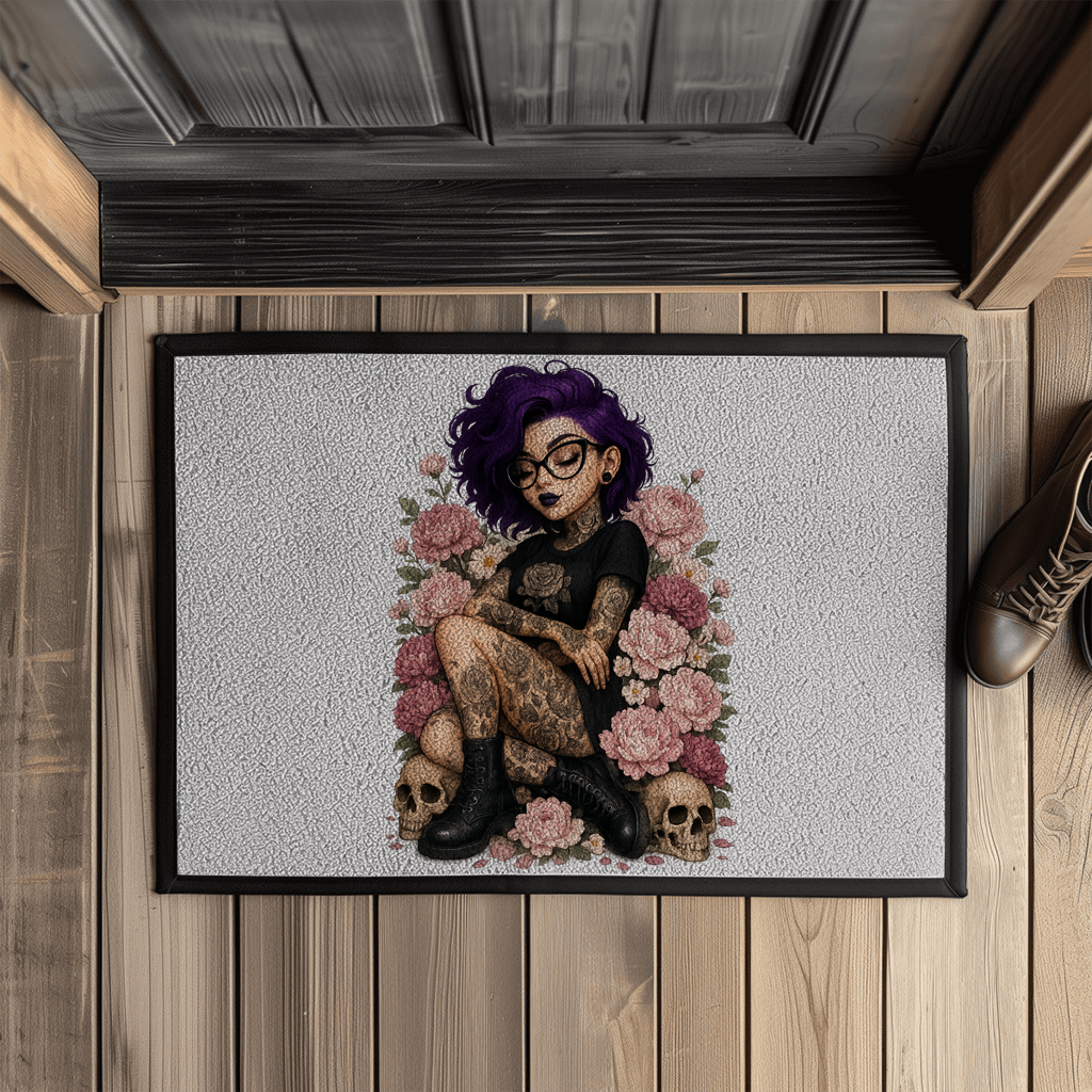 Fußmatte mit Gummirand Tattoofrau auf Blumen