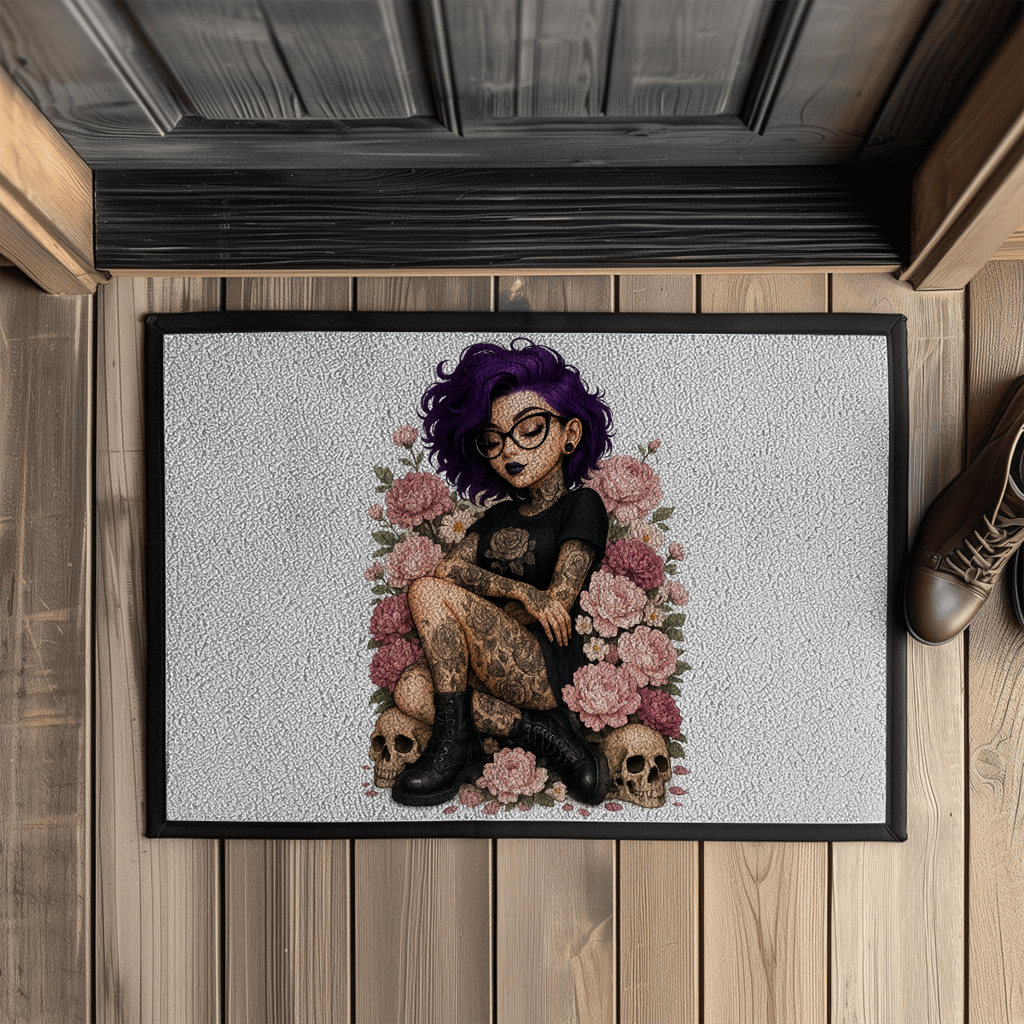 Fußmatte mit Gummirand Tattoofrau auf Blumen
