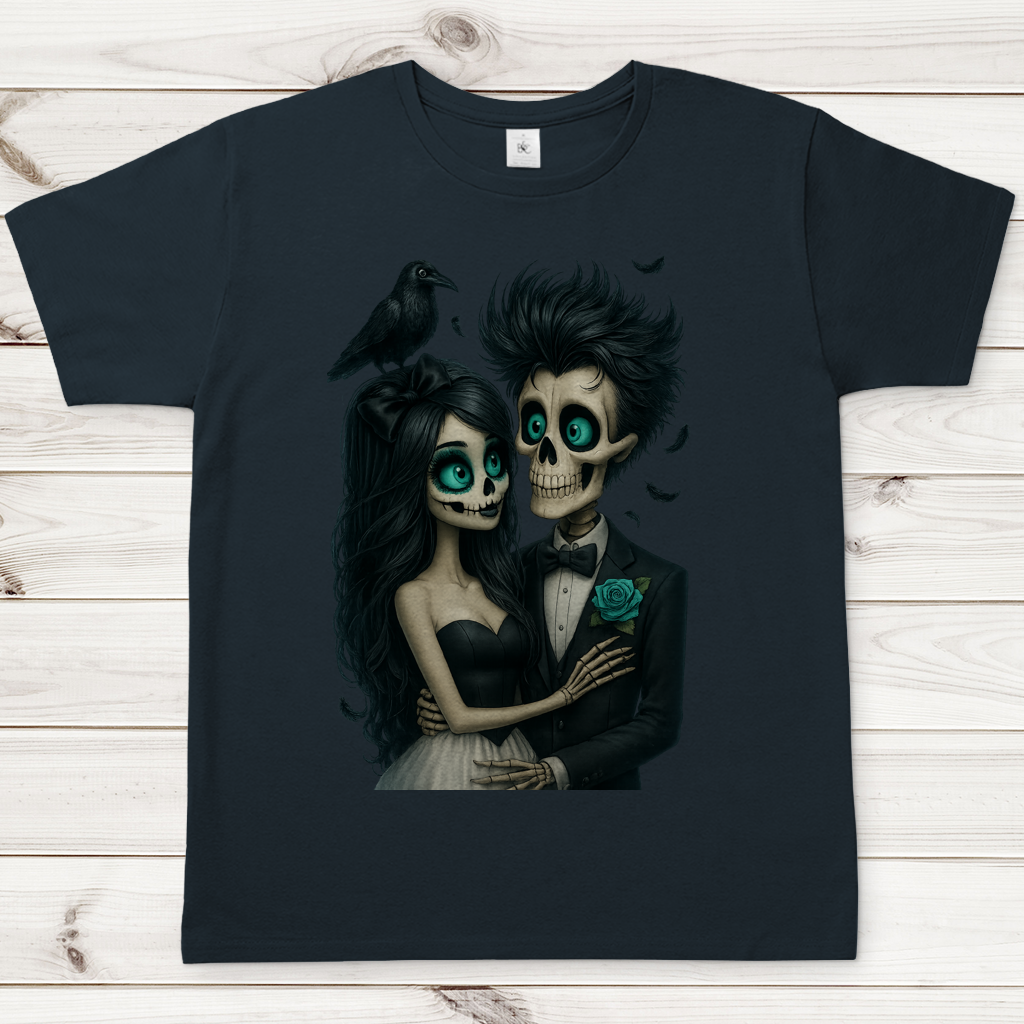 Herren T-Shirt Skelett Paar und Rabe