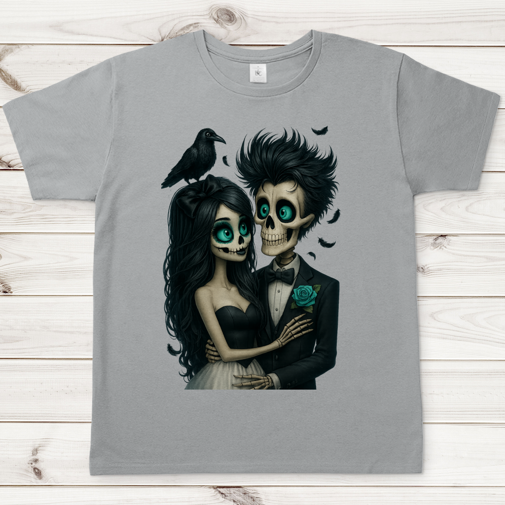 Herren T-Shirt Skelett Paar und Rabe