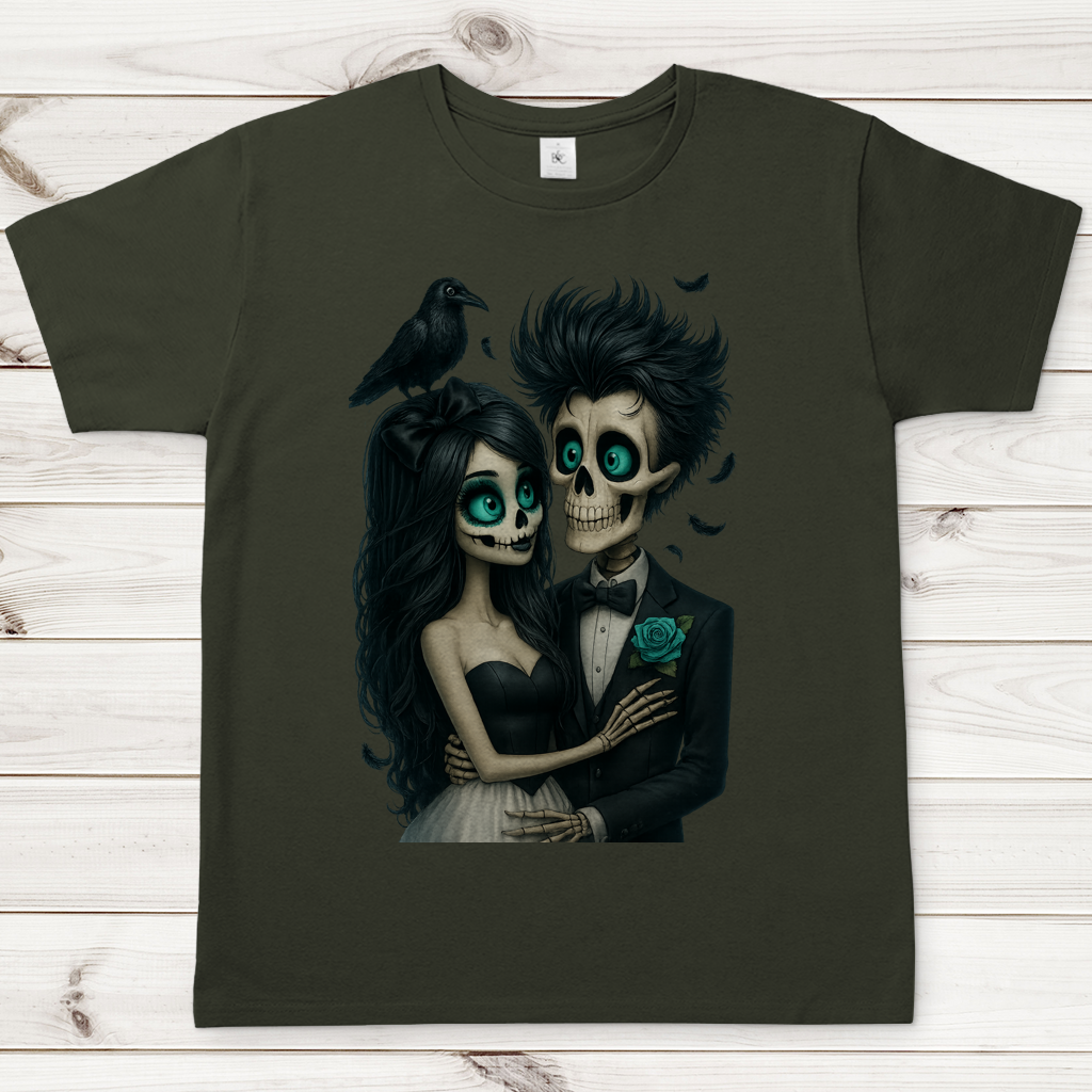 Herren T-Shirt Skelett Paar und Rabe
