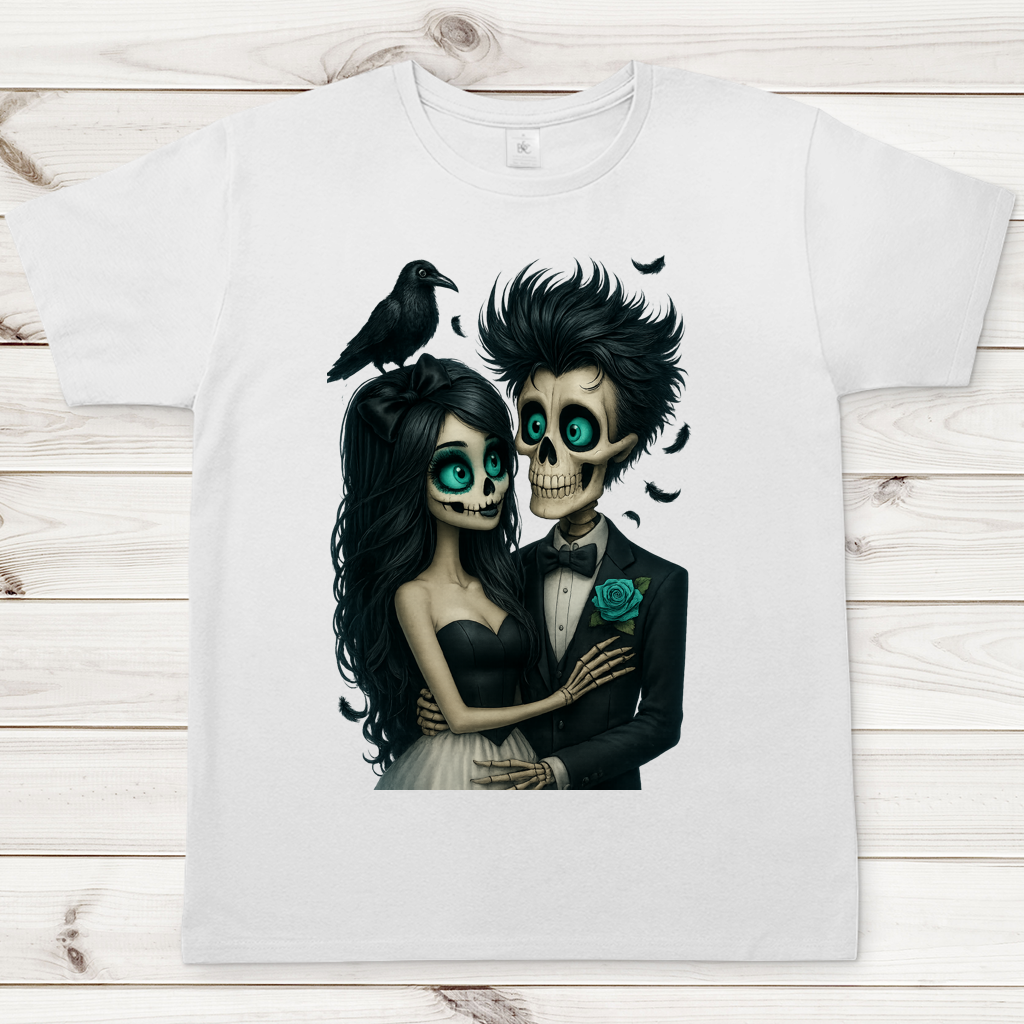 Herren T-Shirt Skelett Paar und Rabe