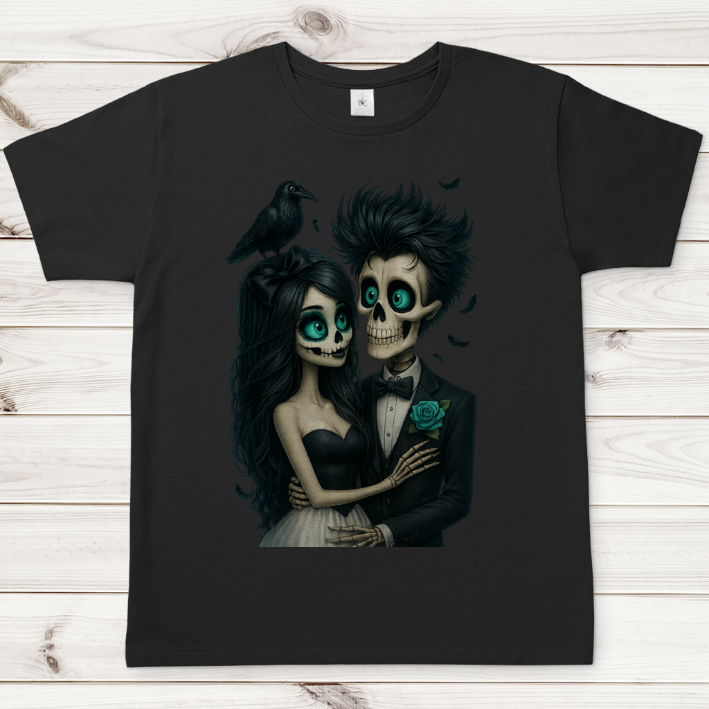 Herren T-Shirt Skelett Paar und Rabe