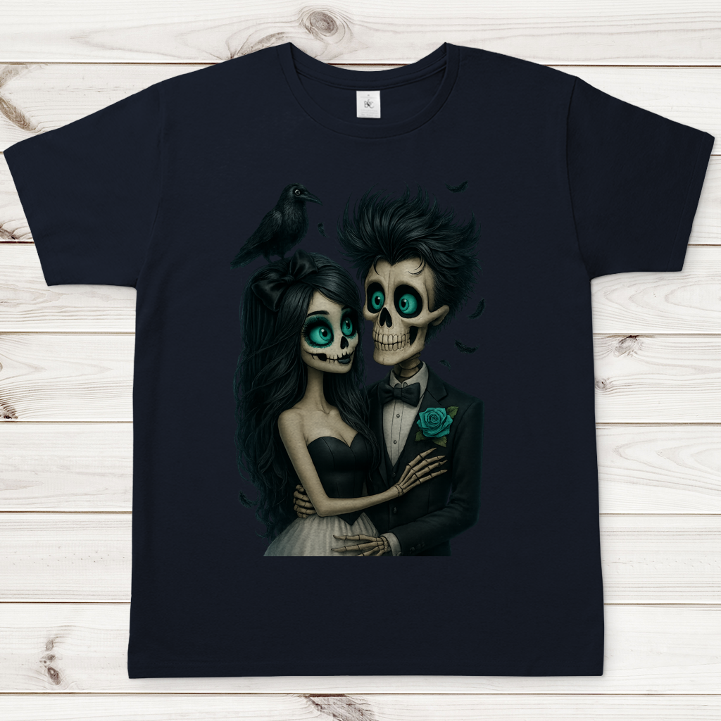 Herren T-Shirt Skelett Paar und Rabe