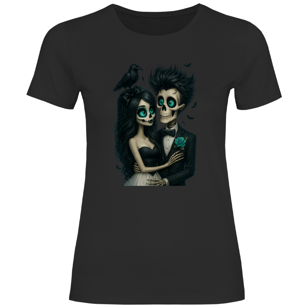 Damen T-Shirt Skelett Paar und Rabe