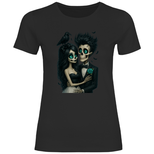 Damen T-Shirt Skelett Paar und Rabe