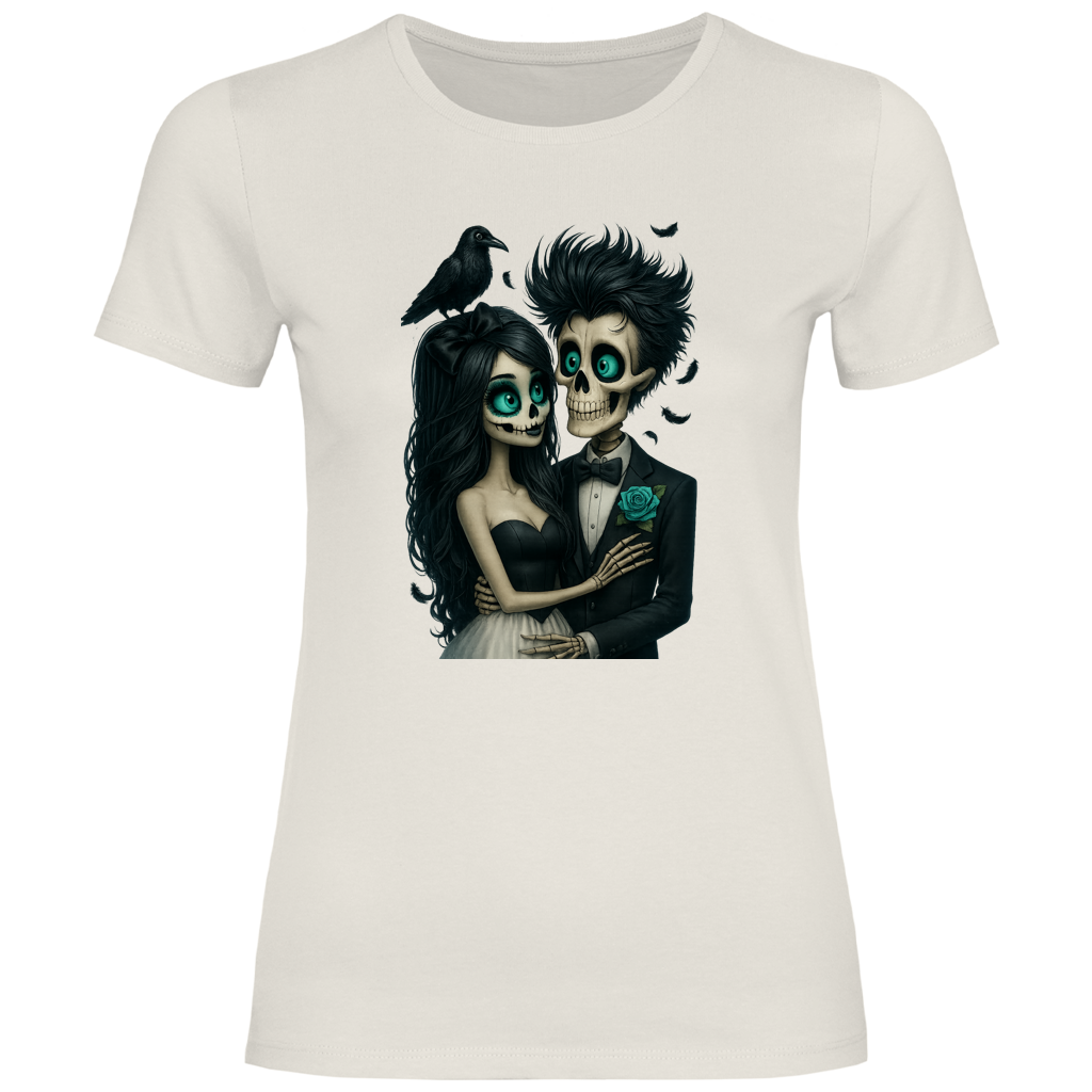 Damen T-Shirt Skelett Paar und Rabe