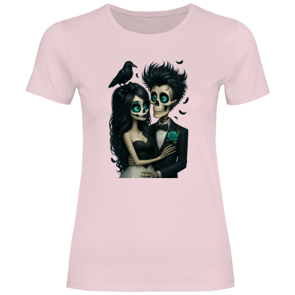Damen T-Shirt Skelett Paar und Rabe