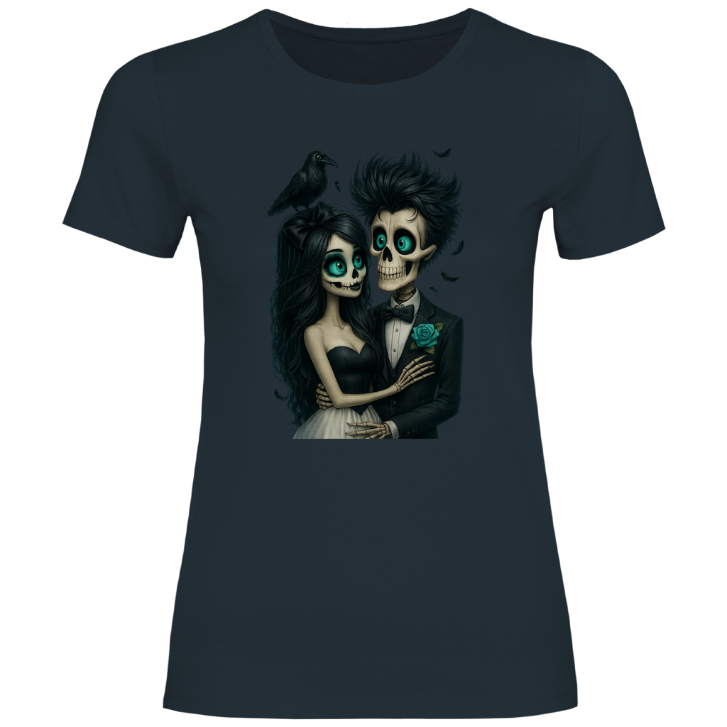 Damen T-Shirt Skelett Paar und Rabe