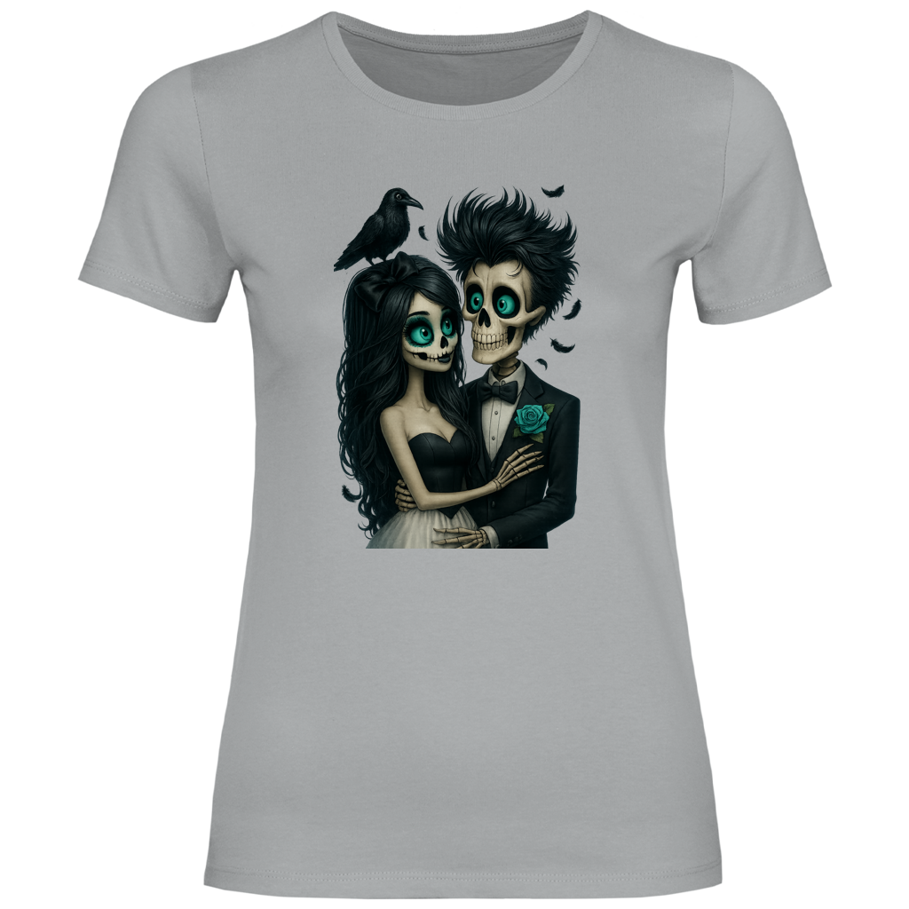 Damen T-Shirt Skelett Paar und Rabe
