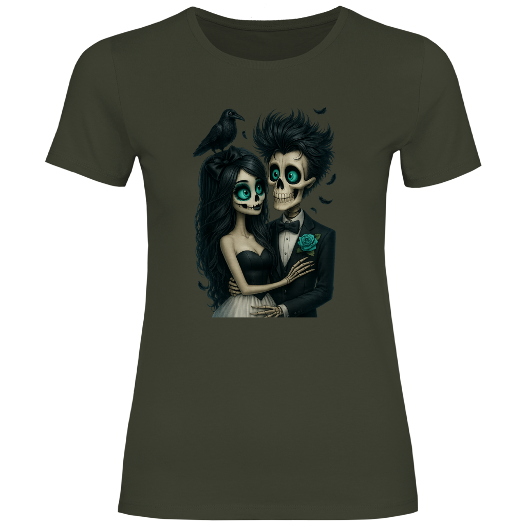 Damen T-Shirt Skelett Paar und Rabe