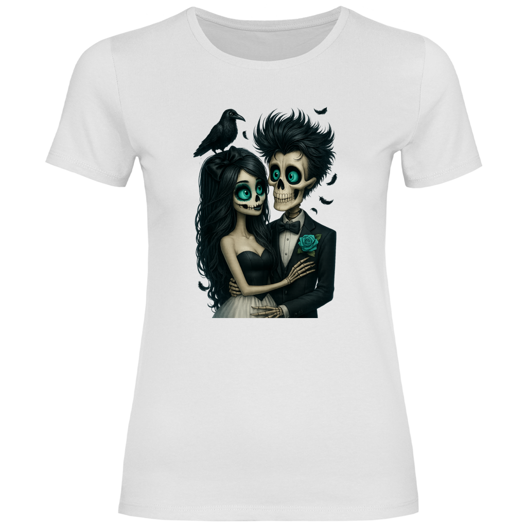 Damen T-Shirt Skelett Paar und Rabe