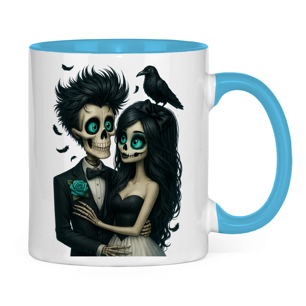 Tasse zweifarbig Skelett Paar und Rabe